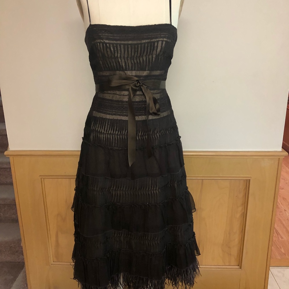 BCBG maxazria lace Dress with ostrich feather trim